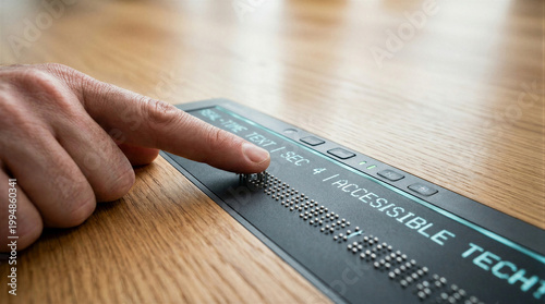 Hand touching refreshable braille display on wooden desk