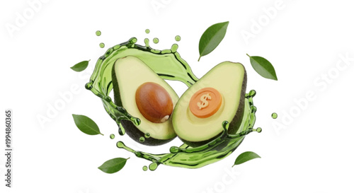 Vector illustration of avocado halves with a coin instead of a pit on a transparent background
