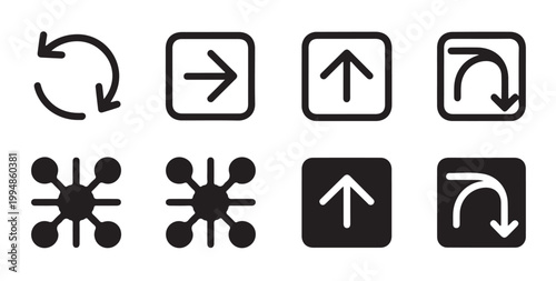 Refresh and navigation square button icons featuring reload arrows and curved path shapes.