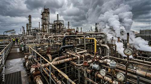 Petrochemical refinery pipes and towers emitting steam under grey sky
