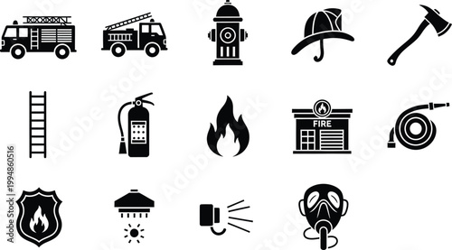 Set of black silhouette icons representing various firefighting equipment and fire safety symbols