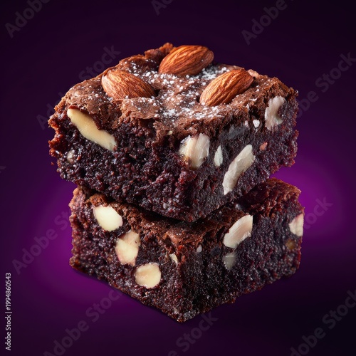 Two decadent brownie squares with nuts, stacked on a purple background