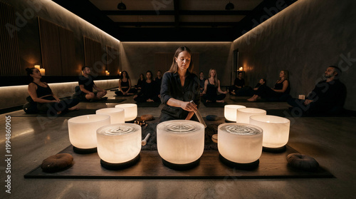 Woman leading sound bath meditation with crystal singing bowls