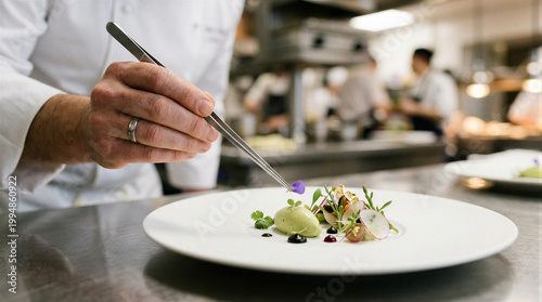 Chef using tweezers for precise plating of gourmet appetizer