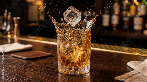 Ice cube splashing into glass of whiskey on wooden bar counter