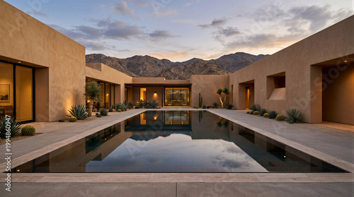 Luxury desert villa with reflective lap pool at twilight