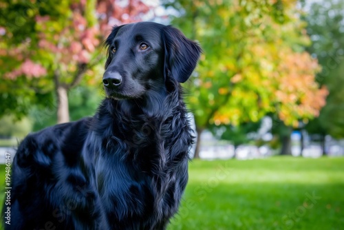 Black Dog Stands in Green Grass With Colorful Trees in the Background on a Su...
