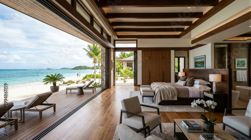 Luxury beach resort bedroom with open glass doors and ocean view