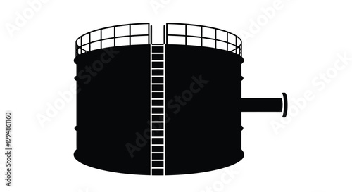 A stark black silhouette depicts a large cylindrical industrial storage tank with a ladder high quality professional detailed
