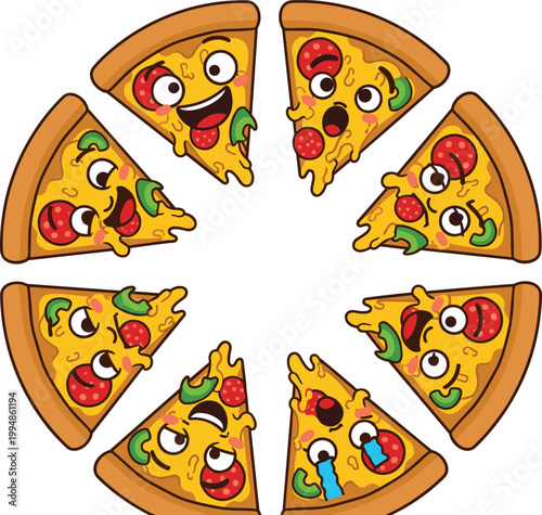 Cute cartoon pizza slices set with funny faces and toppings in playful flat style for kids menu, stickers and food design