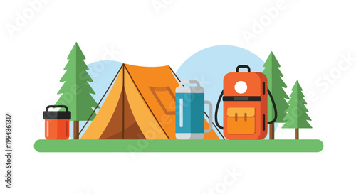 A flat vector illustration featuring a cozy campsite with an orange tent, backpack, thermos, and pine trees set against a blue sky background.