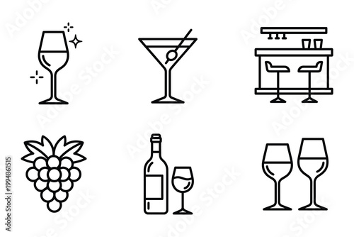 Wine and bar service icon set with beverage glasses and grapes beverage cocktail hospitality restaurant vineyard refreshment