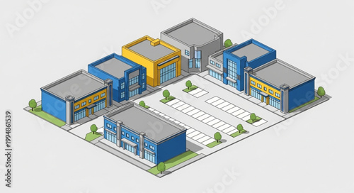 Modern Commercial Building Complex with Parking Lot.