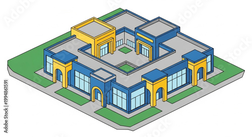 Modern Commercial Building with Multiple Entrances and Blue Accents.