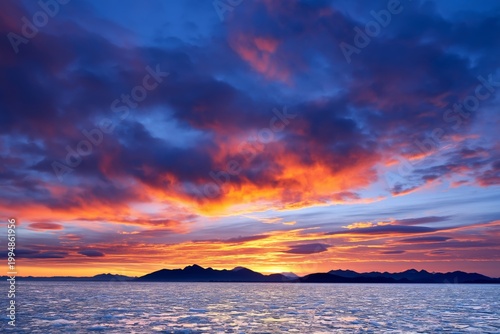 Sunset Over the Ocean With Clouds and Mountains in the Distance During Evenin...
