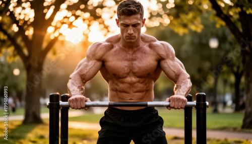 A muscular man is training outdoors, using a bar for strength exercises. The sun sets behind him, casting soft light on the man in a park full of trees.