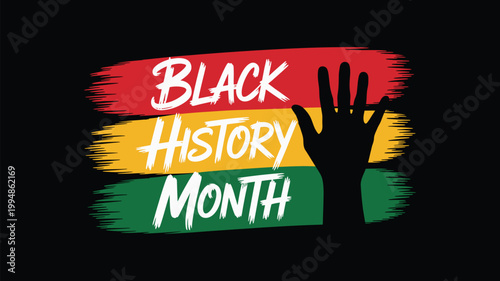 Black history month text design on pan african flag colors background with raised hand silhouette.