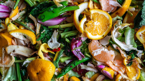 Colorful organic food scraps texture with oranges, greens and vegetable leftovers, compost and food waste concept, eco recycling background, sustainable kitchen disposal, natural b