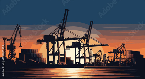 Silhouetted cranes and containers at a port during a vibrant sunset