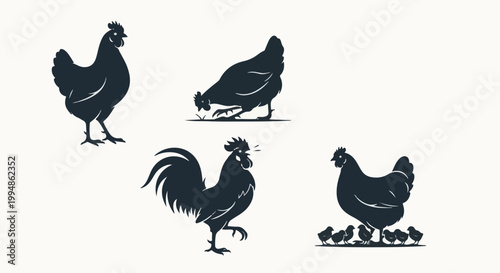 Silhouetted domestic fowl including a rooster, hens, and chicks on a white background