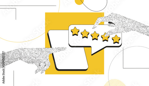 Trendy halftone collage phone five star rating thumb up online feedback review service vector illustration
