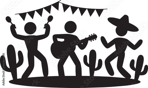  cinco de mayo Fiesta celebration with dancing and guitar playing figures and cactus plants with cultural