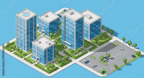 Modern High-Rise Office Buildings with Parking Lot.