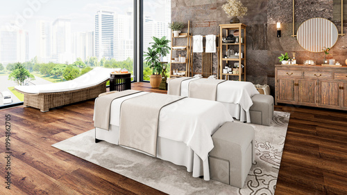 Oriental Luxury Modern Spa Treatment Room Interior with City View, 3D Rendering