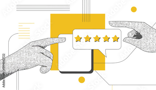 Trendy halftone collage phone five star rating thumb up online feedback review service vector illustration