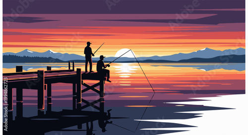 Silhouettes of two anglers fishing from a wooden pier at sunset with mountains in the background