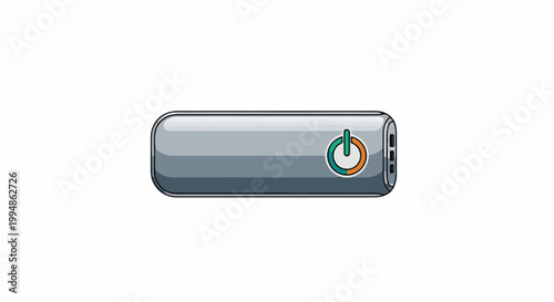 Silver cylindrical electronic device with power button icon and USB ports on white background