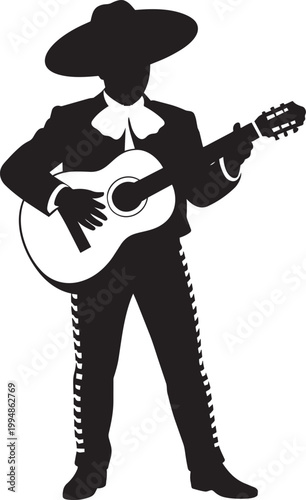Mariachi musician silhouette playing guitar, with wide-brimmed hat and suit with cinco de mayo