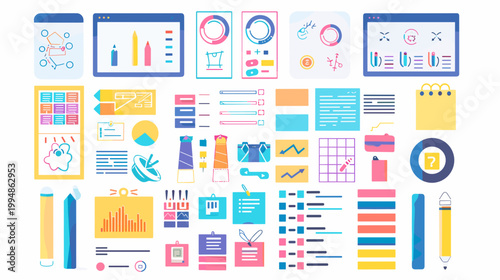 flat design project management UI kit with kanban boards and task timelines vector illustration
