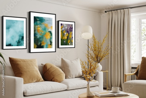Modern Living Room With Framed Artwork and Natural Light in a Cozy Setting
