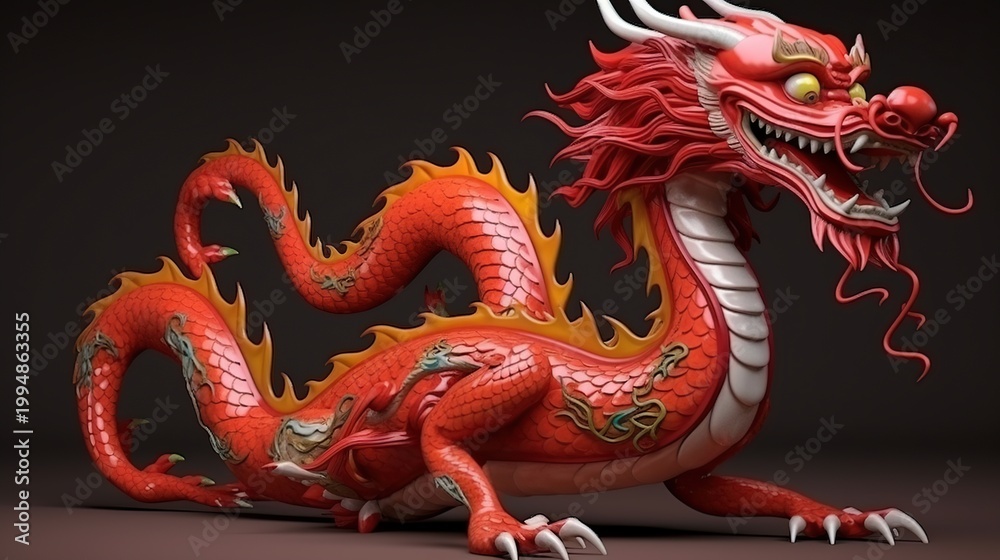 Fototapeta premium A vivid red Chinese dragon statue with multiple curling bodies and a white mane against a dark background