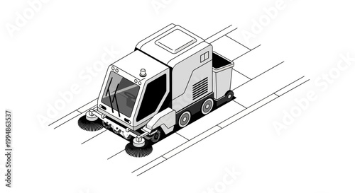 Isometric Street Sweeper Machine Illustration, Professional Urban Road Cleaning Vehicle Line Art for Municipal Maintenance and City Service Design
