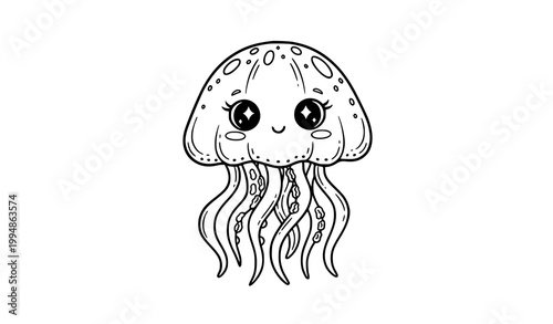 Whimsical jellyfish with big eyes and flowing tentacles line art coloring page for kids vector