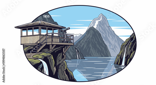 Scenic viewpoint overlooks a tranquil bay with waterfalls cascading down majestic mountains