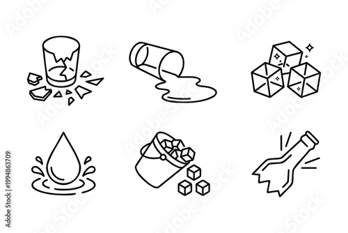 Broken glassware and ice cubes line art icons collection with beverage refreshment accident transparent illustration fragment