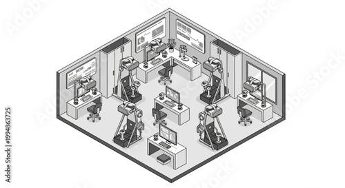 Isometric Virtual Reality Training Lab and Gaming Center Illustration, High-Tech VR Workspace with Simulation Equipment in Monochrome Style