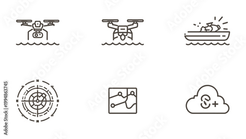 Innovation in Aerial Technology: Modern icons representing innovation in aerial technology, with each image portraying different aspects of unmanned aerial systems and data management.