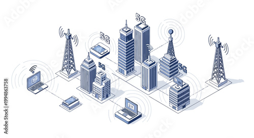 5G Smart City Isometric Illustration with Wireless Network Towers, Skyscrapers and Connected Devices