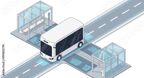 Isometric Autonomous Electric Bus on Smart City Road with Digital Interface and Bus Stops