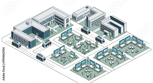 Isometric Smart City Campus and Future Workspace Concept with Autonomous Transportation and Outdoor Coworking Areas