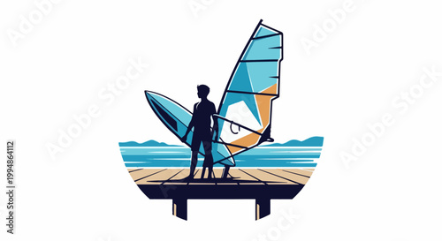 Silhouette stands on dock with surfboard and windsurf sail against ocean backdrop