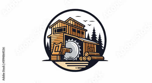 Rustic sawmill with large circular saw and stacked lumber