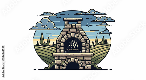 Rustic stone oven with smoky fire and rolling hills under a cloudy sky