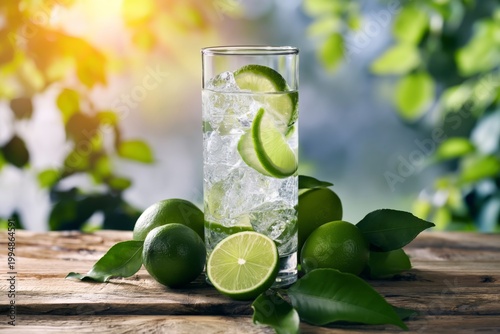 Refreshing Lime Drink With Ice in a Glass on Wooden Table in Nature During Da...