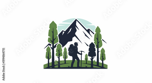 Silhouette of a hiker with a backpack and ice axe, ascending a mountain amidst trees