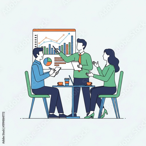 Business team discussing data analysis and strategy in a meeting with graphs on a board